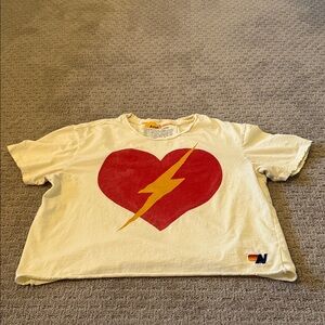 Aviator Nation Tee—Cream Tee with Red Heart & Yellow Lightning Bolt